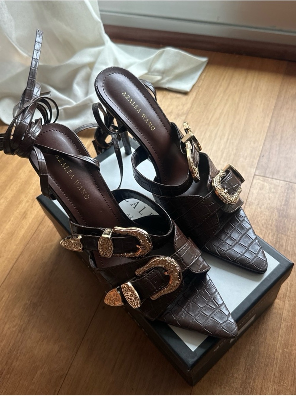 Azalea Wang Women's Dark Brown Croc-Embossed Buckle Heels